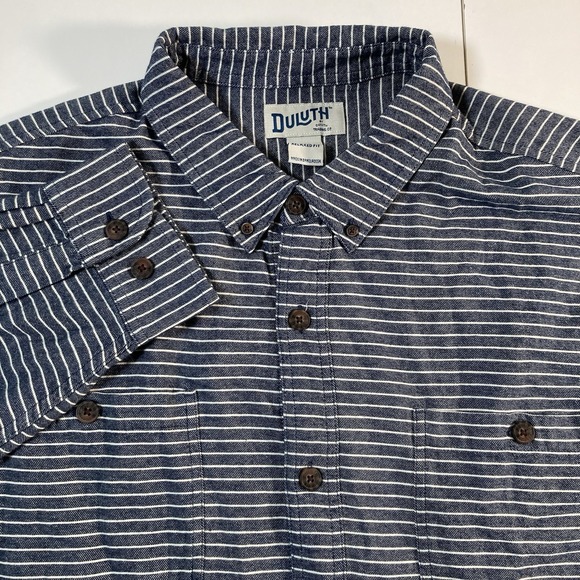 Duluth Trading Flannel Shirt 2XL Relaxed Fit Blue Striped Work Pockets - Picture 1 of 8